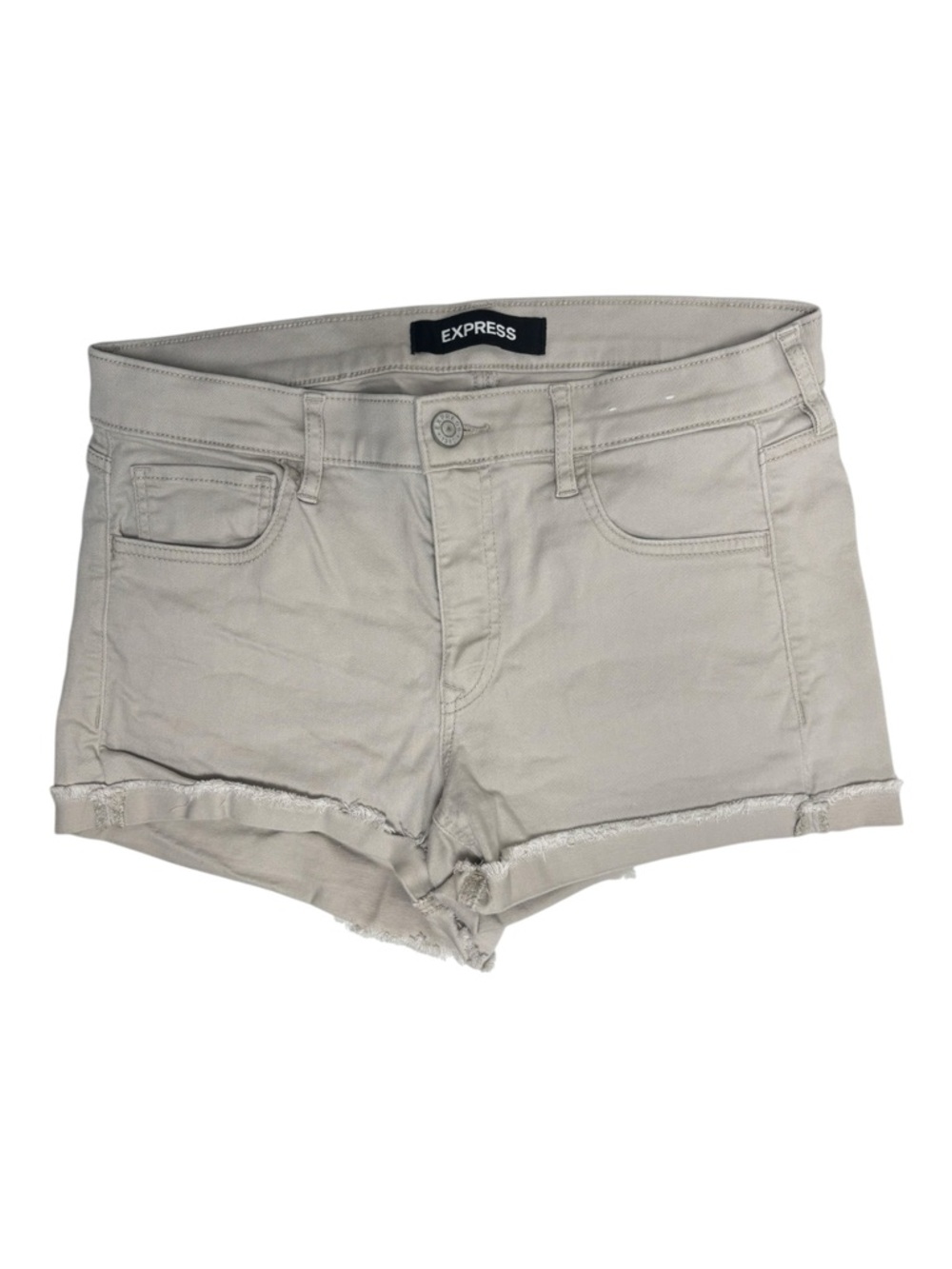 Express Denim Shorts Frayed Hem Mid Rise Beige Size 10 Y2K Casual